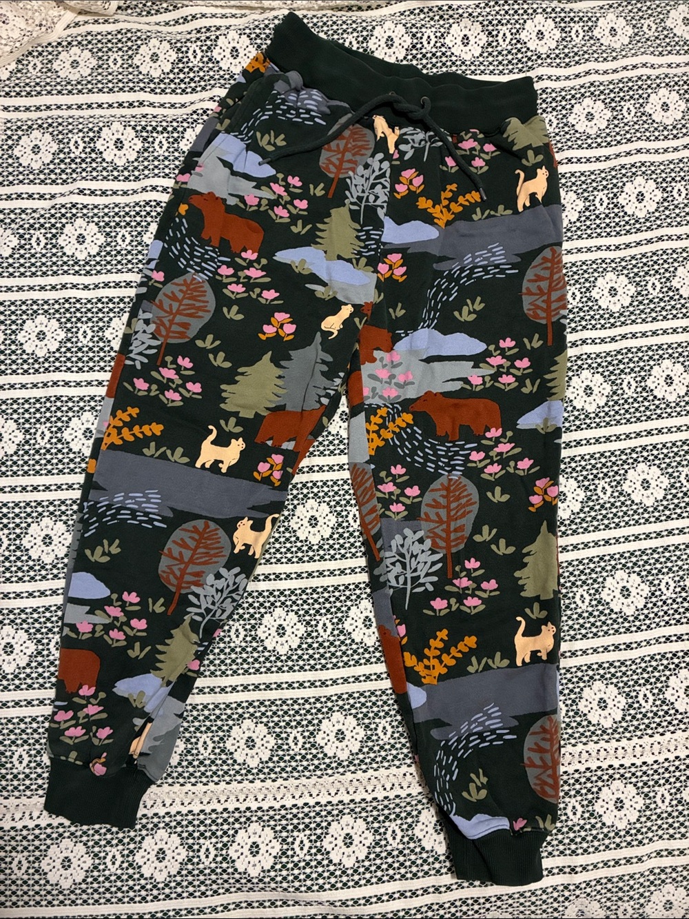 Princess Highway Forest Animal Print Sweat Pants Joggers Cats Bears Trees Green